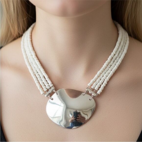 Elegant Silver and White Beaded Statement Necklace
